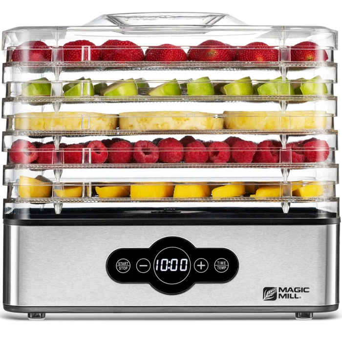 Magic Mill Food Dehydrator Machine, 5 Stackable Stainless Steel Trays, 48H Digital Timer