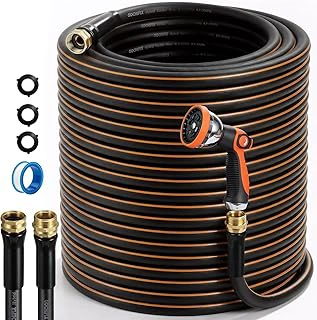 100ft 5/8" Heavy Duty Rubber Garden Hose with 10-Mode Spray Nozzle & Anti-Kink Swivel