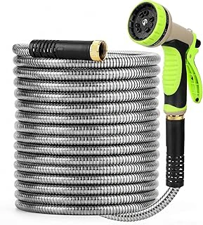 UNCO- 25 ft Stainless Steel Heavy Duty Metal Garden Hose with 10-Function Nozzle