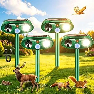 Solar Ultrasonic Outdoor Animal Repeller, Waterproof with Flashing Light & USB Charging