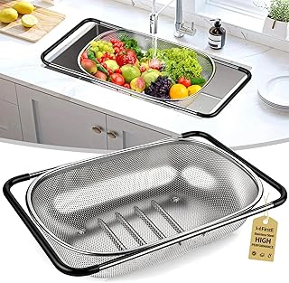 FirstE 6 Quart Over the Sink Stainless Steel Fine Mesh Colander with Expandable Handles