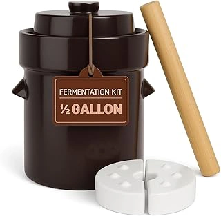 Humble House 1/2 Gallon Brown Ceramic Fermentation Crock Kit with Lid, Weights & Pounder