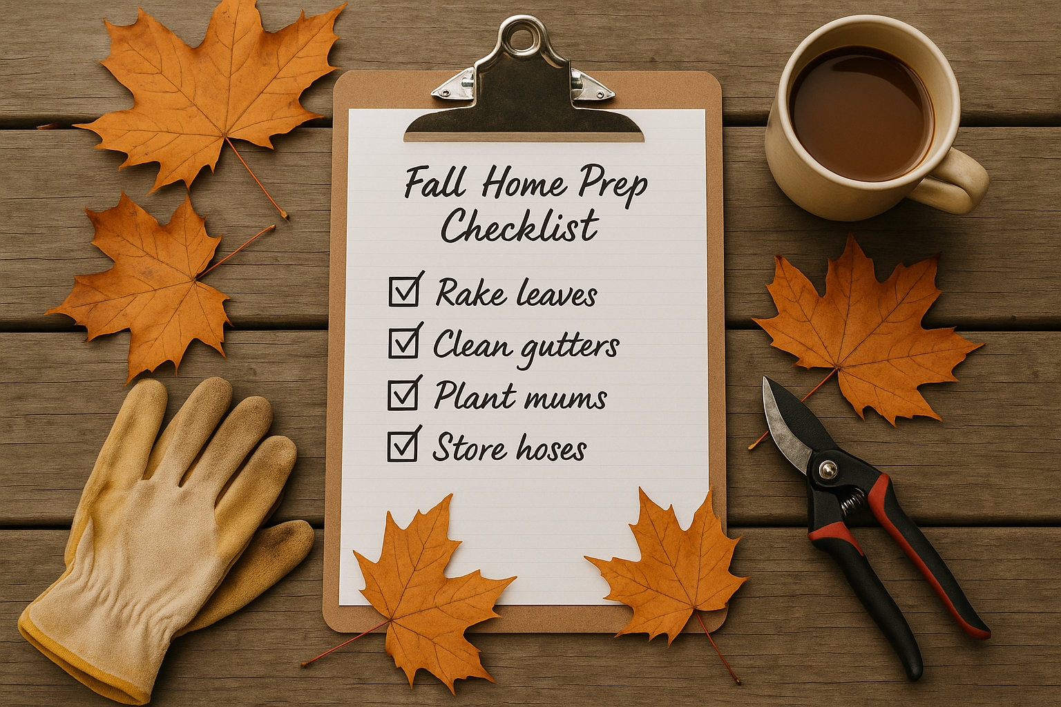 Fall prep checklist on a clipboard with raked leaves and tools