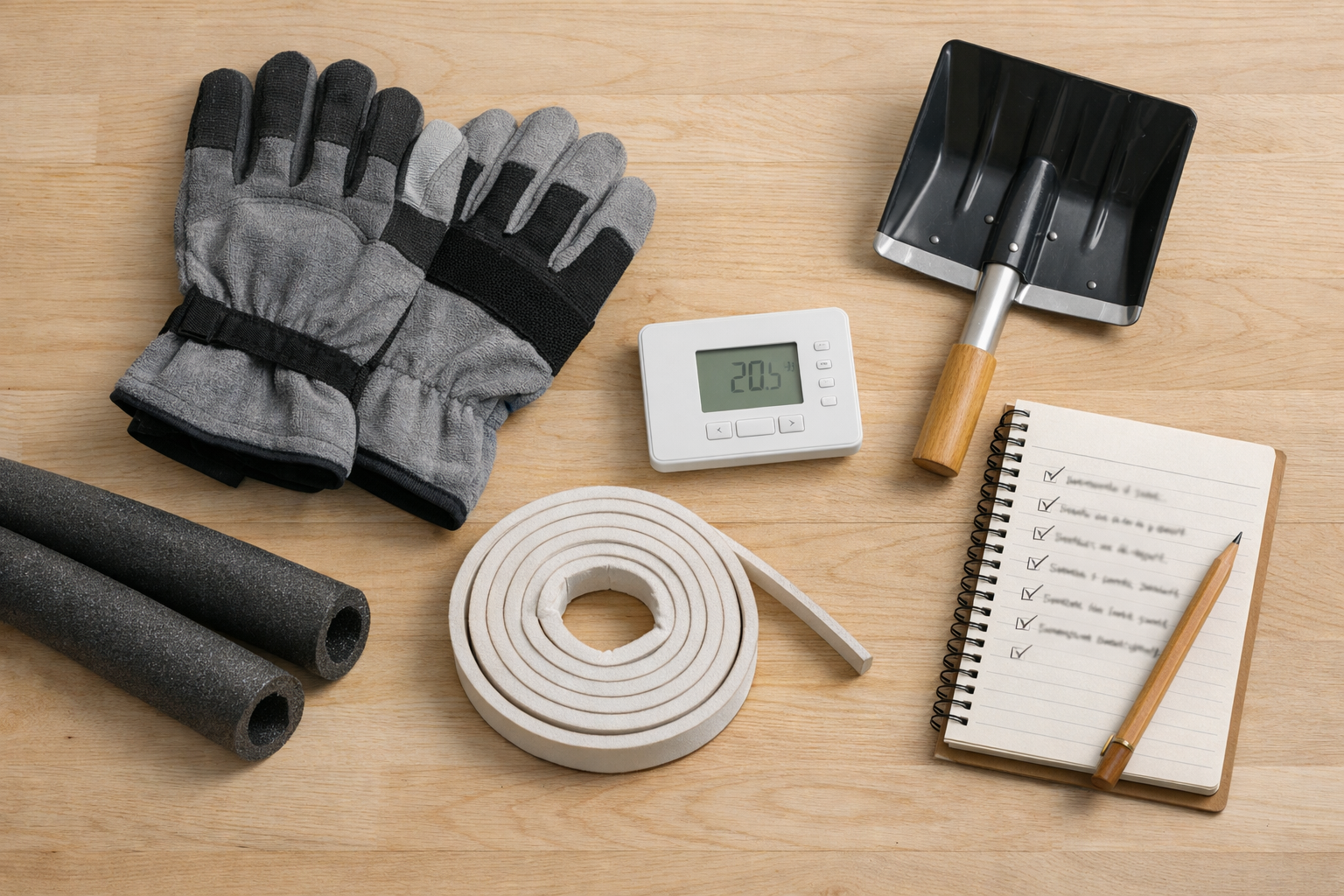 Winter home maintenance checklist beside gloves, a small shovel, and a thermostat