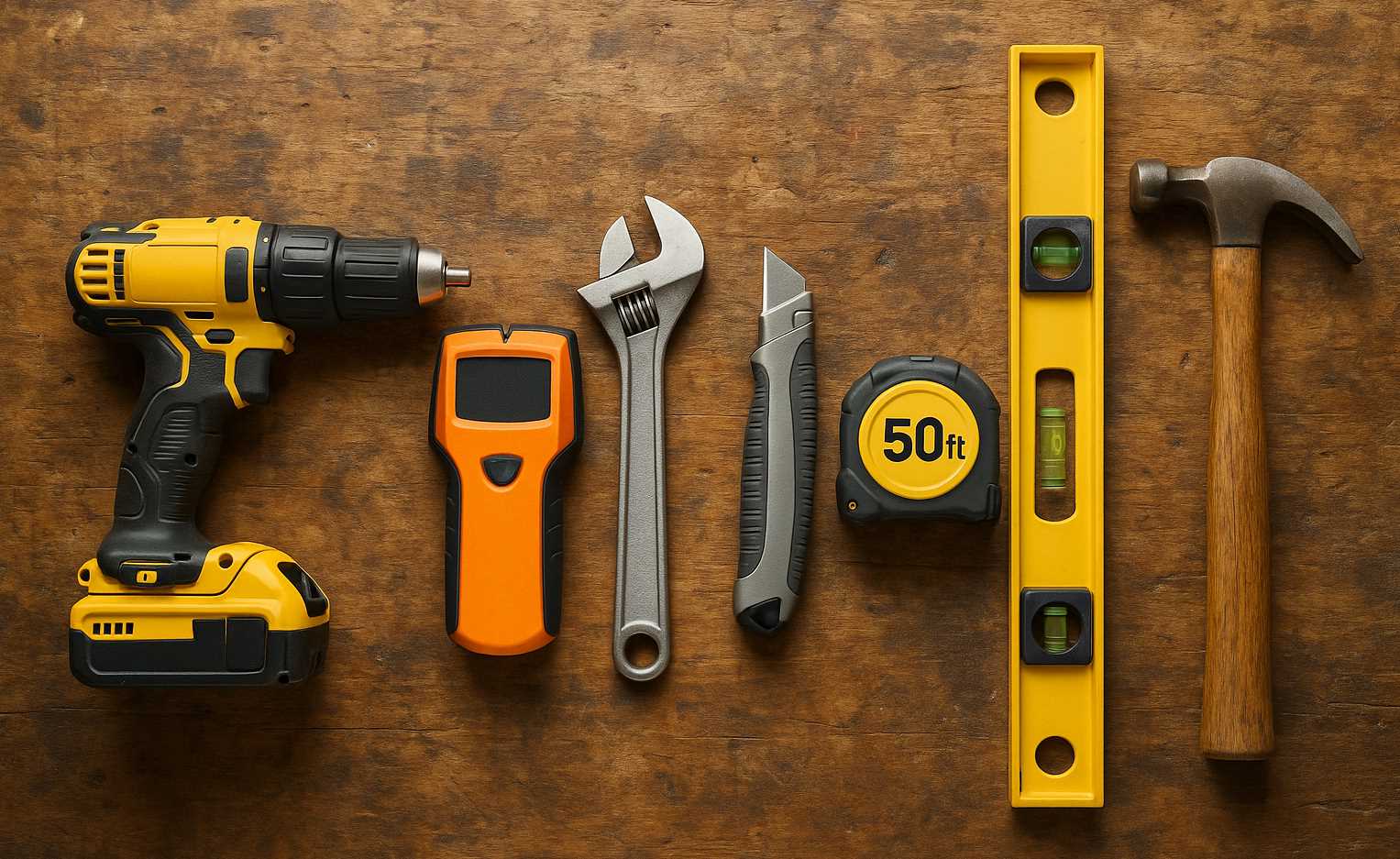 Essential tools laid out neatly on a wooden table.
