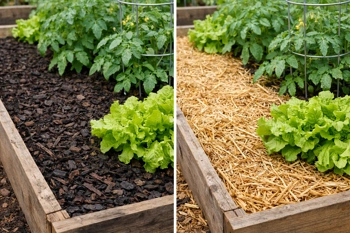 Compare how hardwood and straw mulch protect soil life during summer heat.