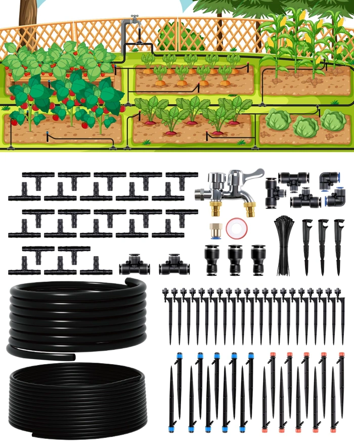 IRRIGARDENER Drip Irrigation System with 180FT Tubing, Dual Faucet & Adjustable Emitters