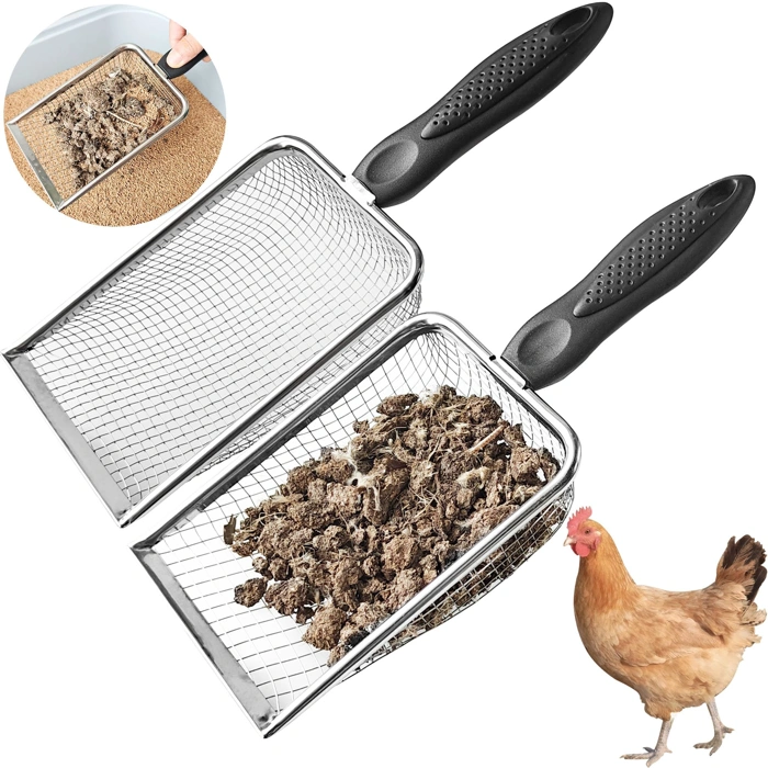 2 Pack Metal Chicken Coop Poop Scooper and Rake Tool with 3.8mm & 5mm Mesh